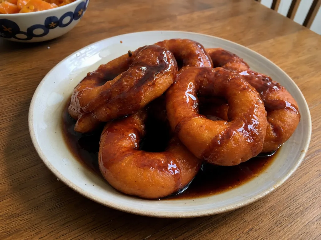 Picarones (Peruvian Pumpkin and Sweet Potato Doughnuts) — plated and served