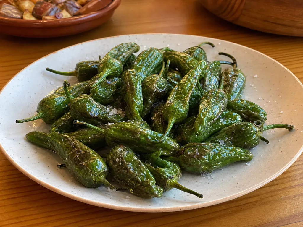 Pimientos de Padrón — plated and served