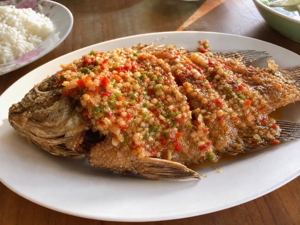 Pla Rad Prik — plated and served
