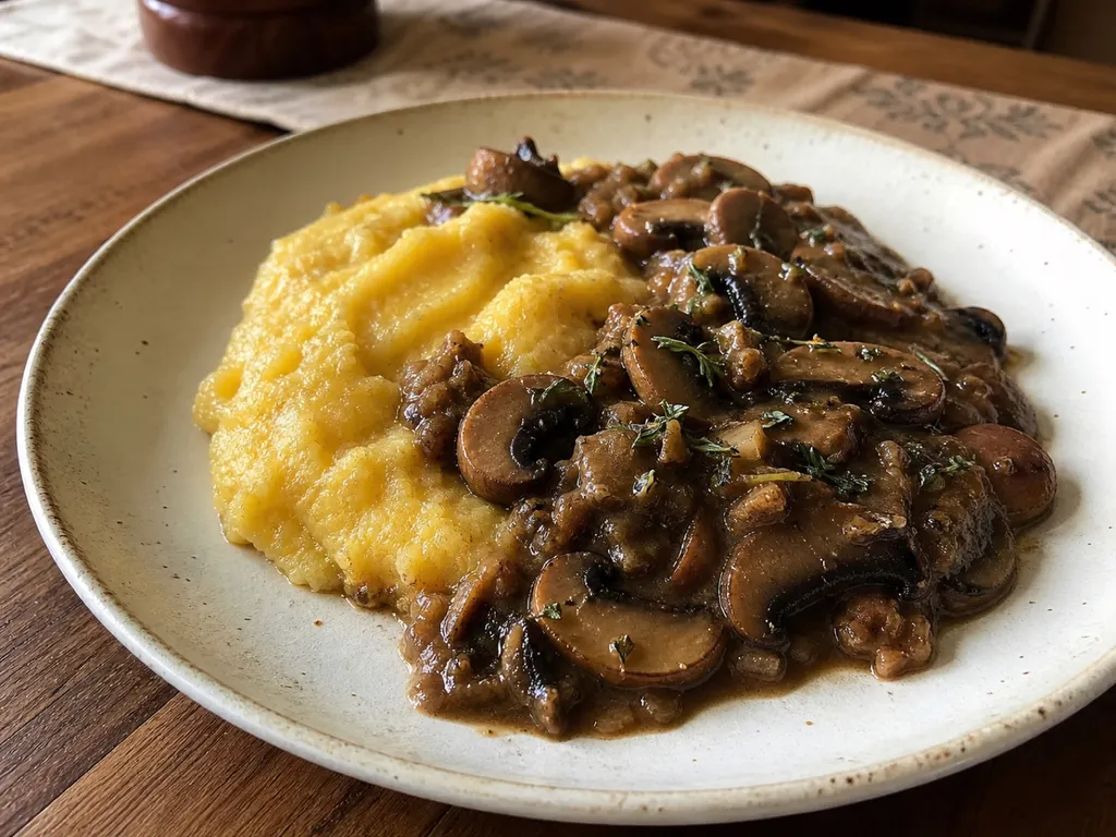 Polenta with Mushroom Ragout — plated and served
