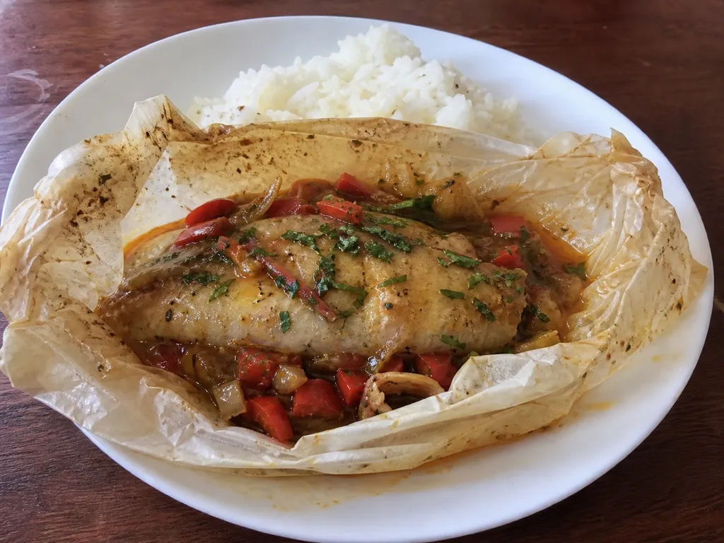 Pompano en Papillote — plated and served