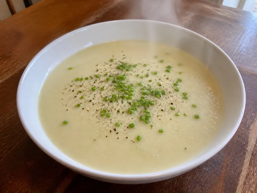 Potato Leek Soup — plated and served