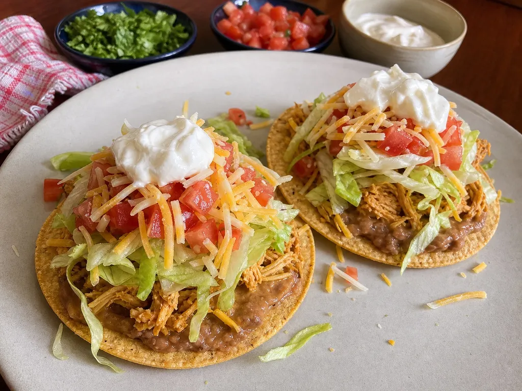 Quick Chicken Tostadas — plated and served