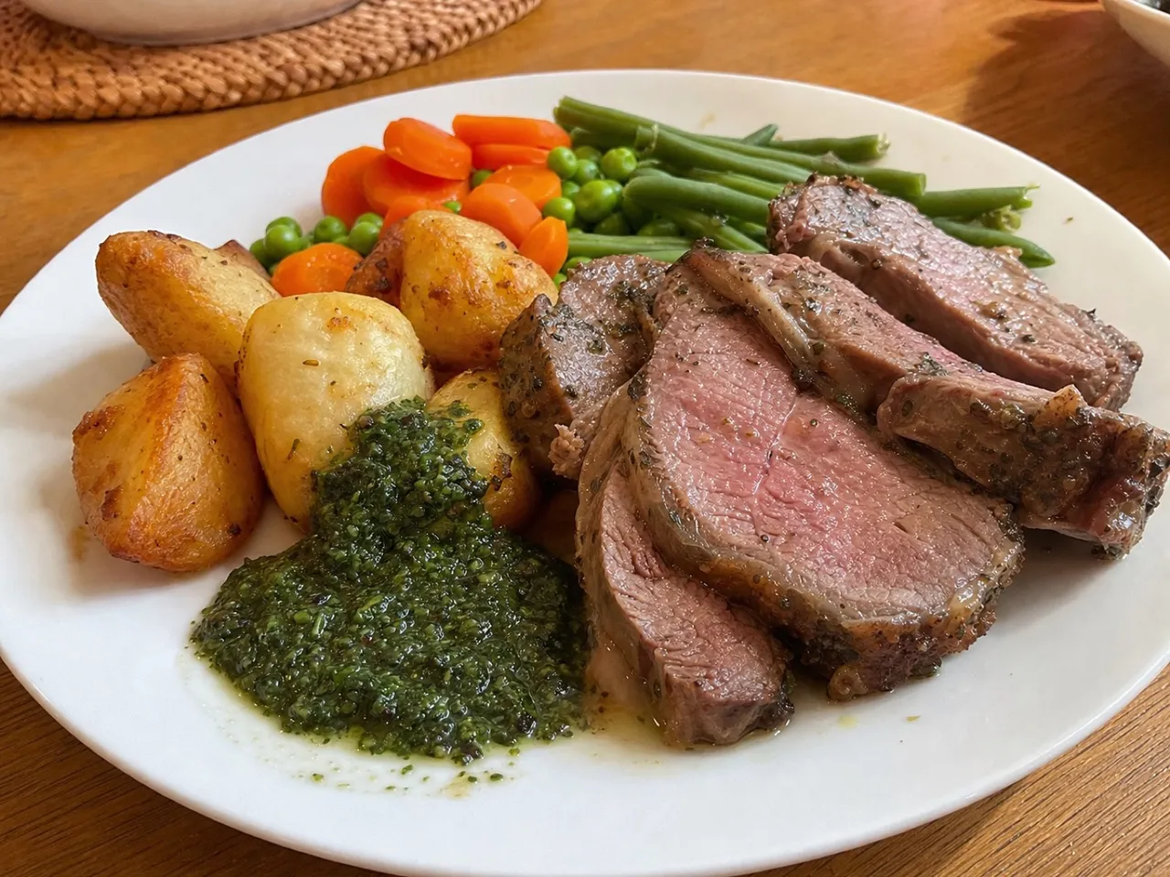 Roast Lamb with Mint Sauce — served