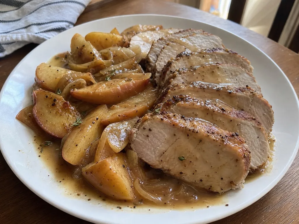 Roast Pork Loin with Apples — plated and served