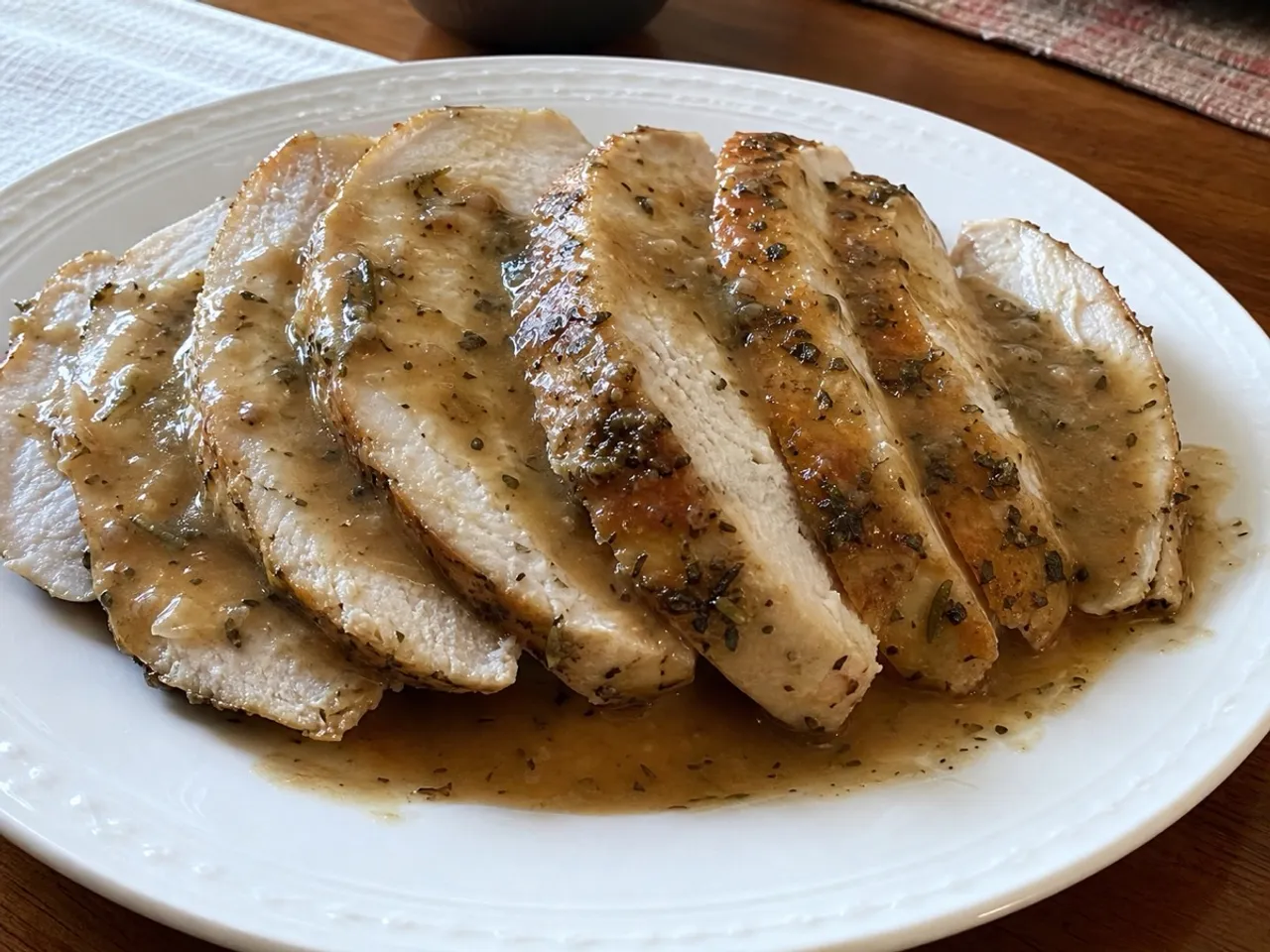 Roast Turkey Breast with Herb Gravy — served