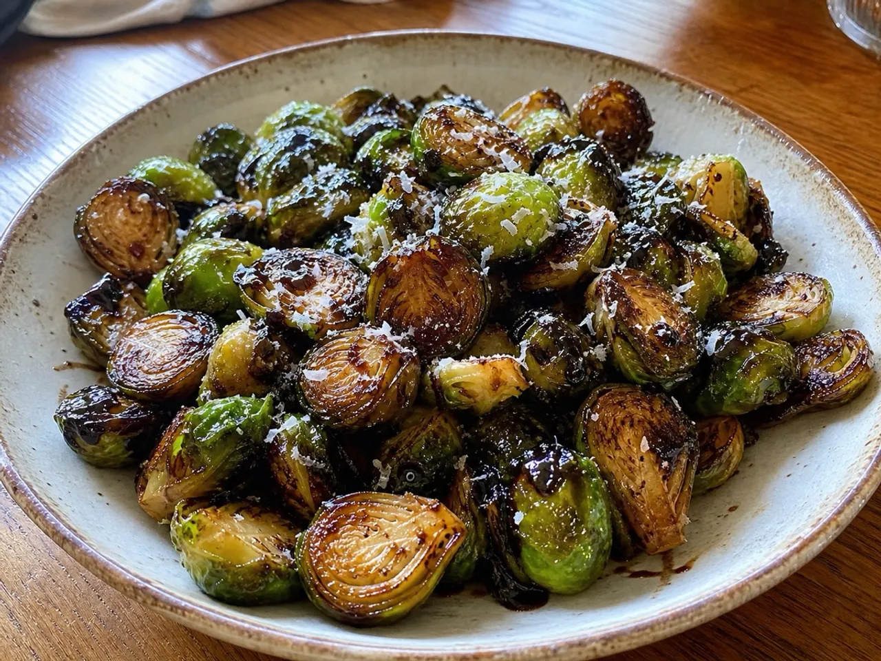 Roasted Brussels Sprouts with Balsamic Glaze — served