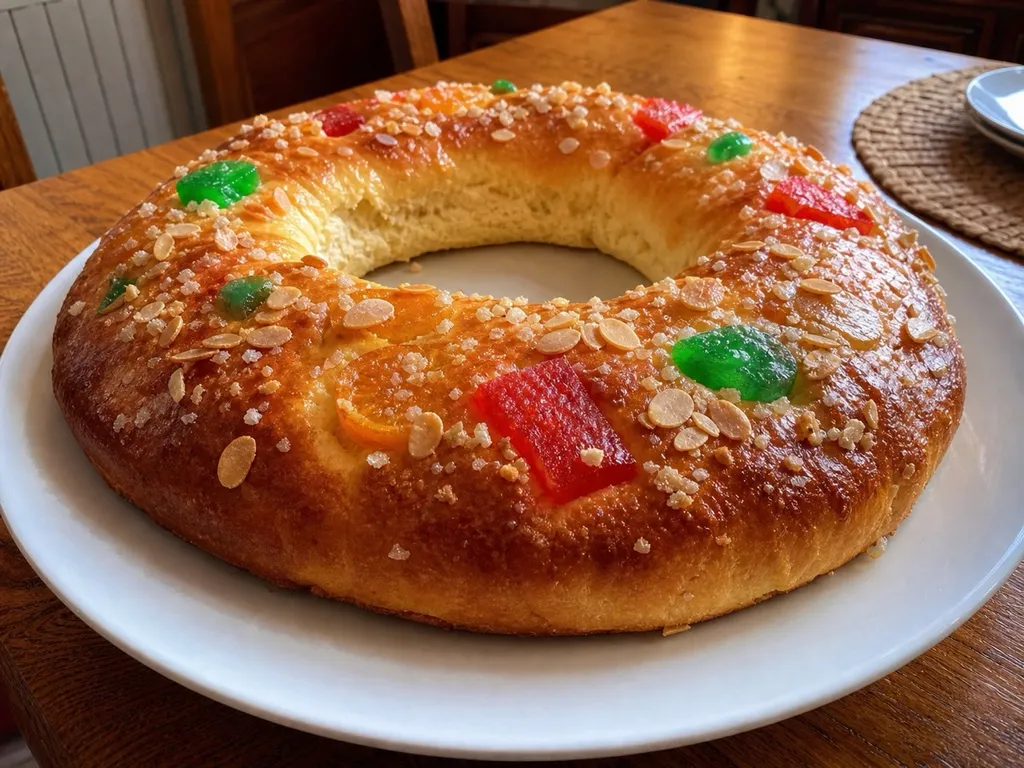 Roscón de Reyes — plated and served