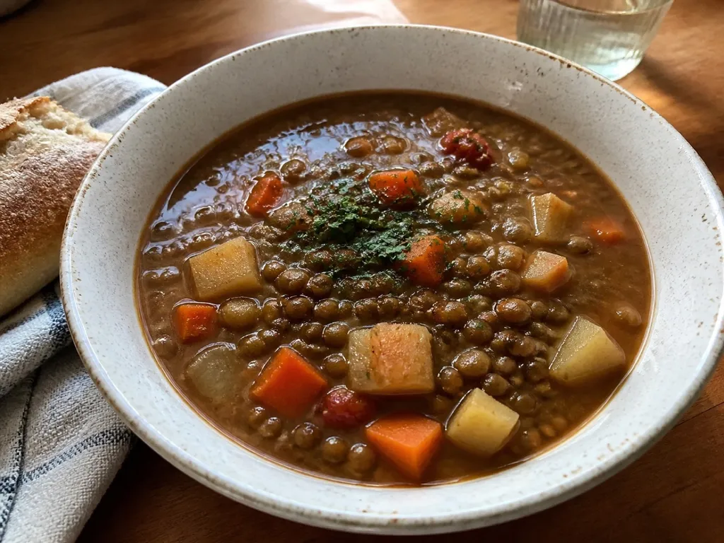 Rustic French Lentil Soup — plated and served