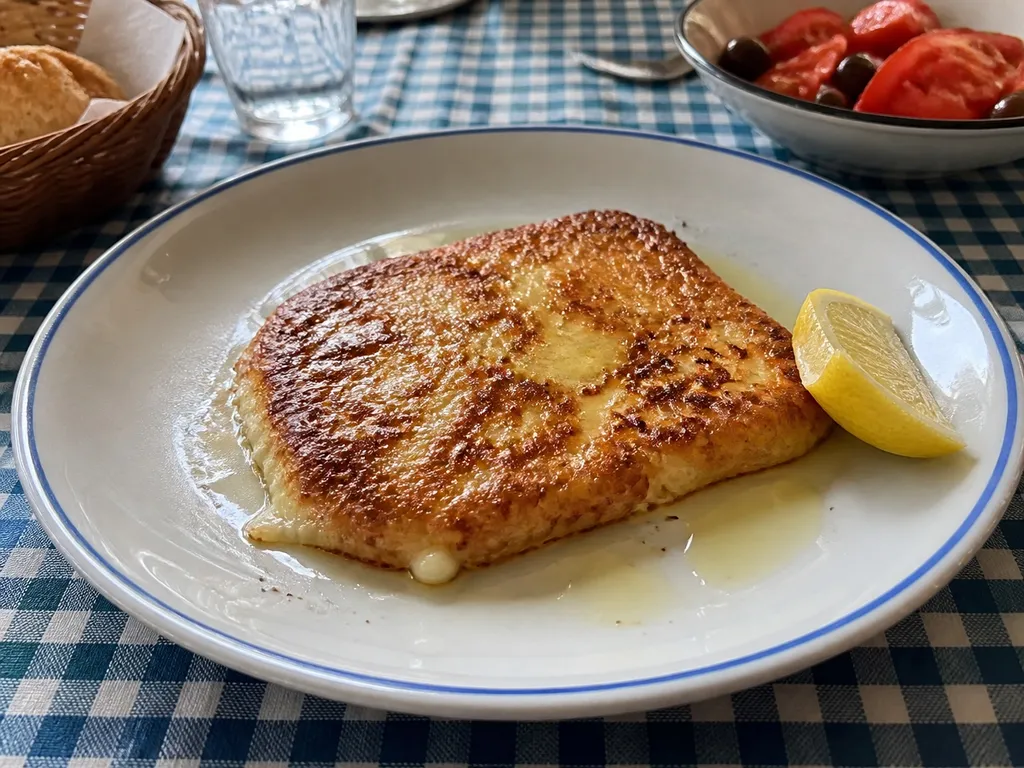 Saganaki (Fried Greek Cheese) — plated and served