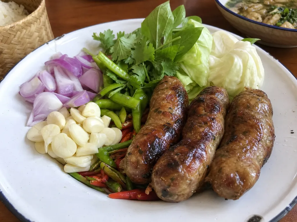 Sai Krok Isan — plated and served