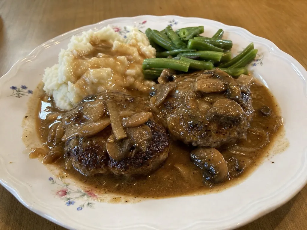 Salisbury Steak with Mushroom Gravy — plated and served