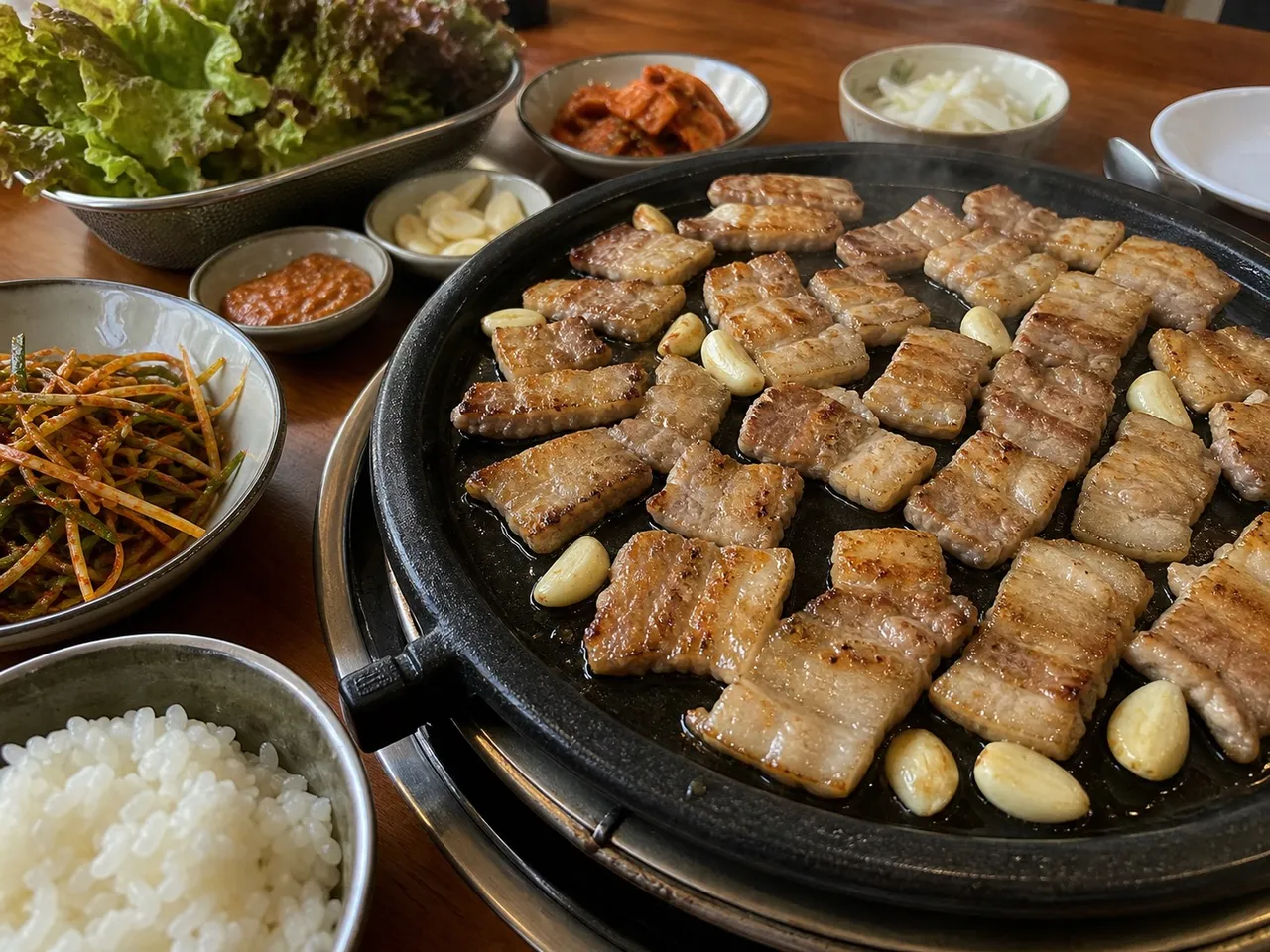 Samgyeopsal (Grilled Pork Belly) — served