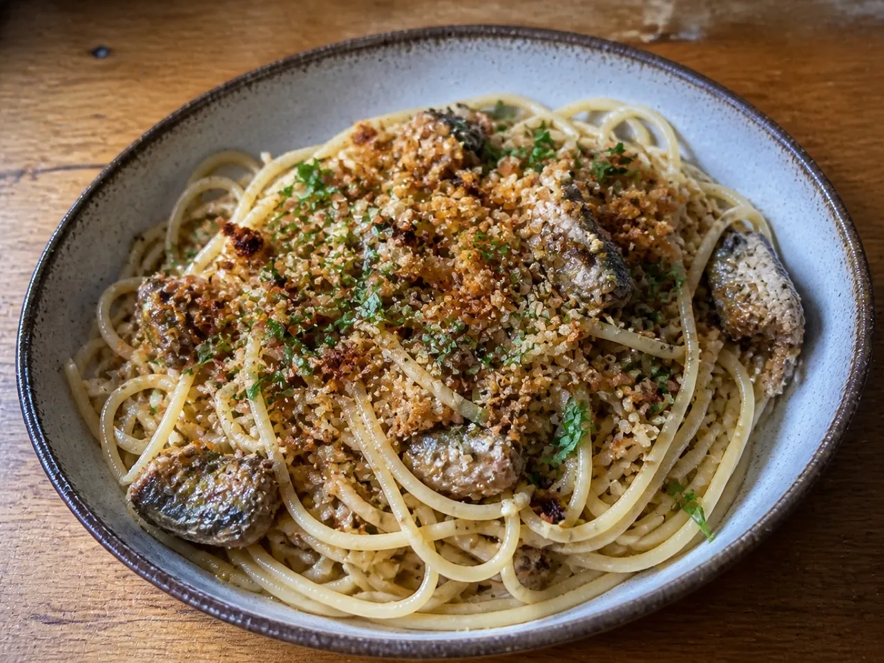 Sardine Pasta — served