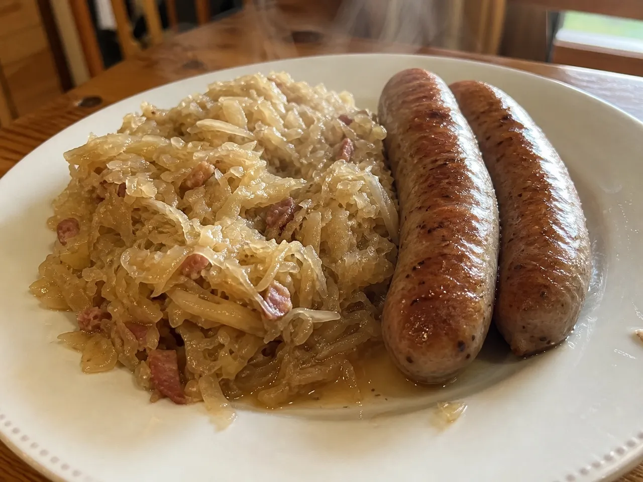 Sauerkraut mit Speck (Braised Sauerkraut with Bacon) — served