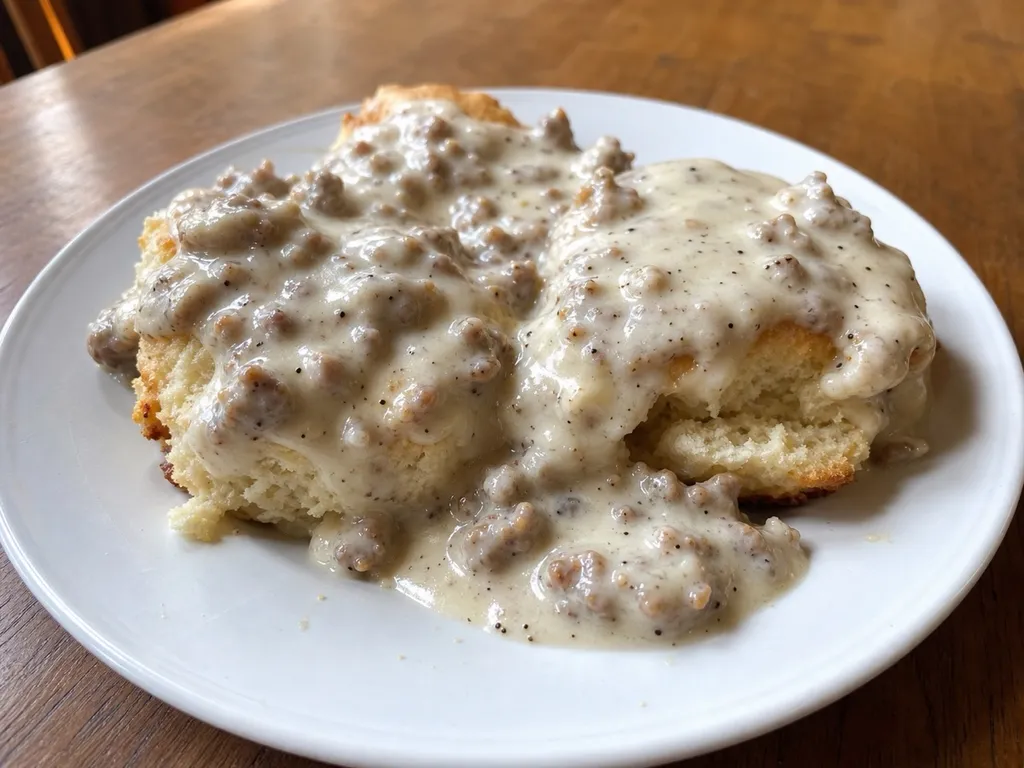 Sausage Gravy and Biscuits — plated and served