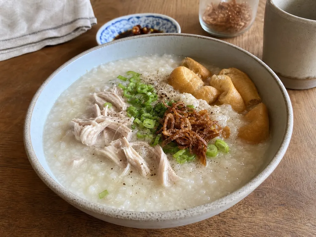 Savory Rice Congee (Jook) — plated and served