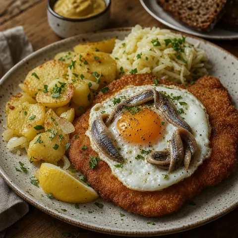Schnitzel Holstein (with Fried Egg and Anchovies) — German recipe