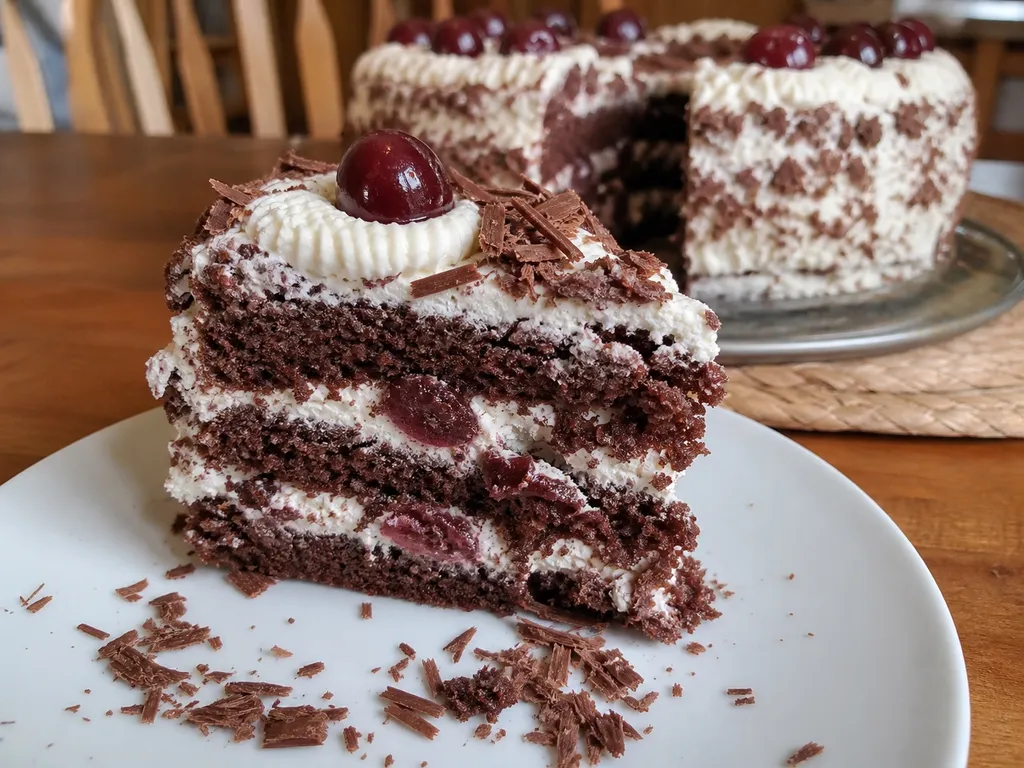 Schwarzwälder Kirschtorte (Black Forest Cherry Cake) — plated and served