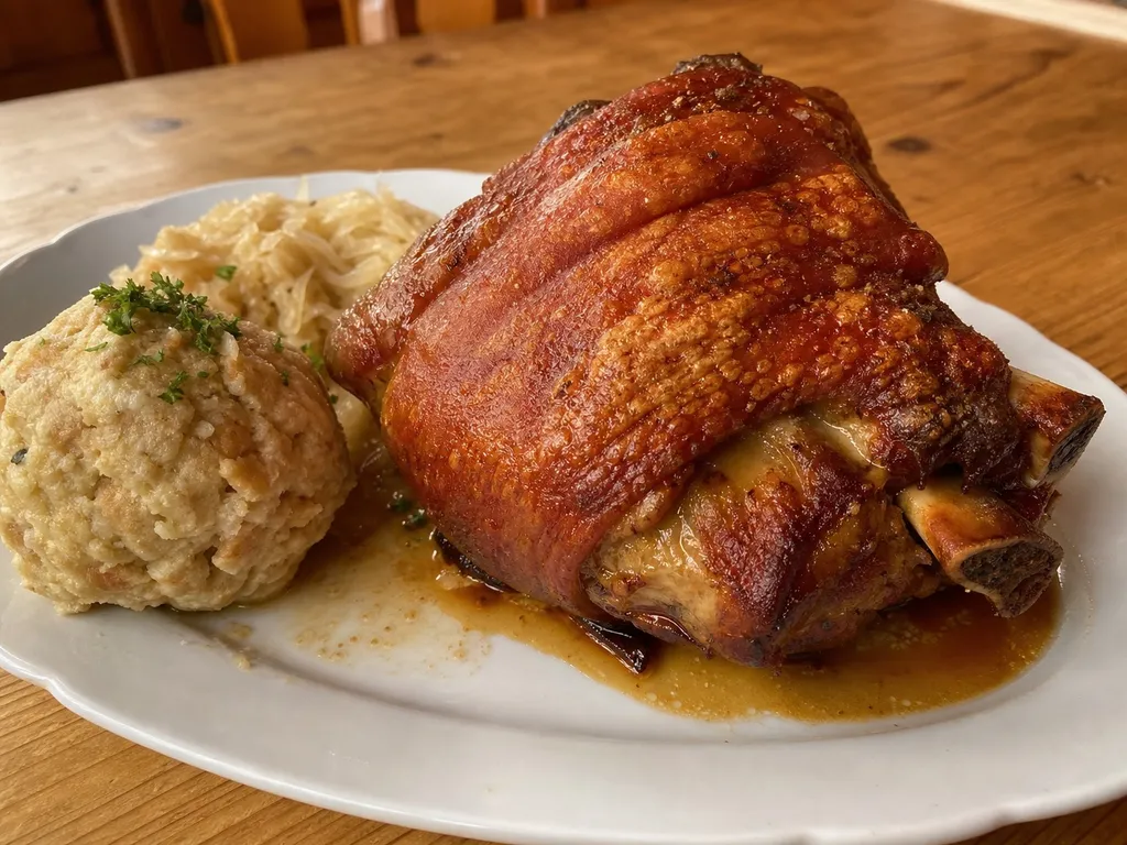 Schweinshaxe (Bavarian Roasted Pork Knuckle) — plated and served
