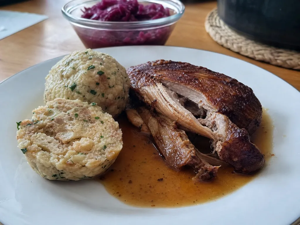 Semmelknödel (Bavarian Bread Dumplings) — plated and served