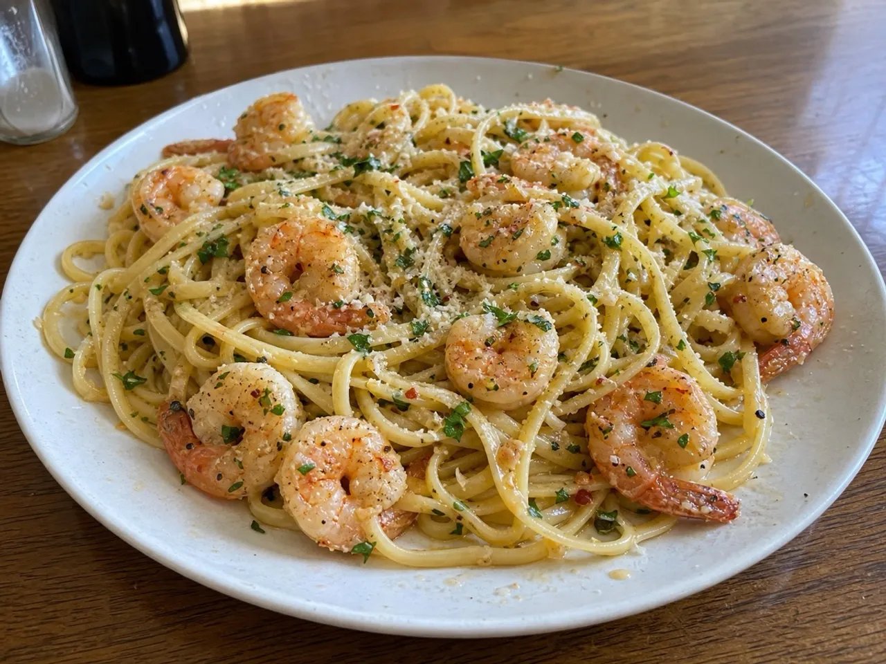 Shrimp Scampi Linguine — served