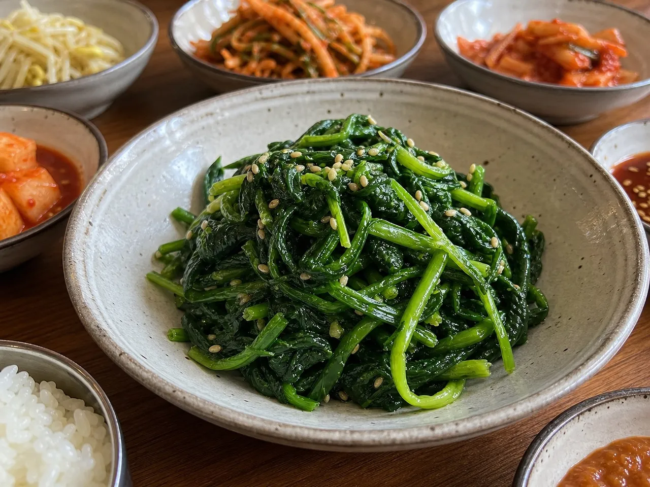 Sigeumchi Namul (Seasoned Spinach) — served