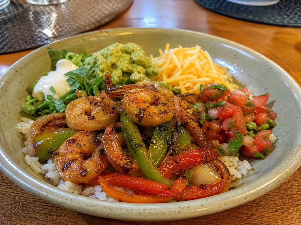 Sizzling Shrimp Fajita Meal Prep Bowls — plated and served