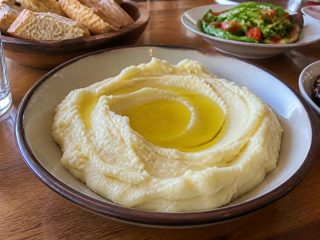 Skordalia (Garlic Potato Dip) — plated and served