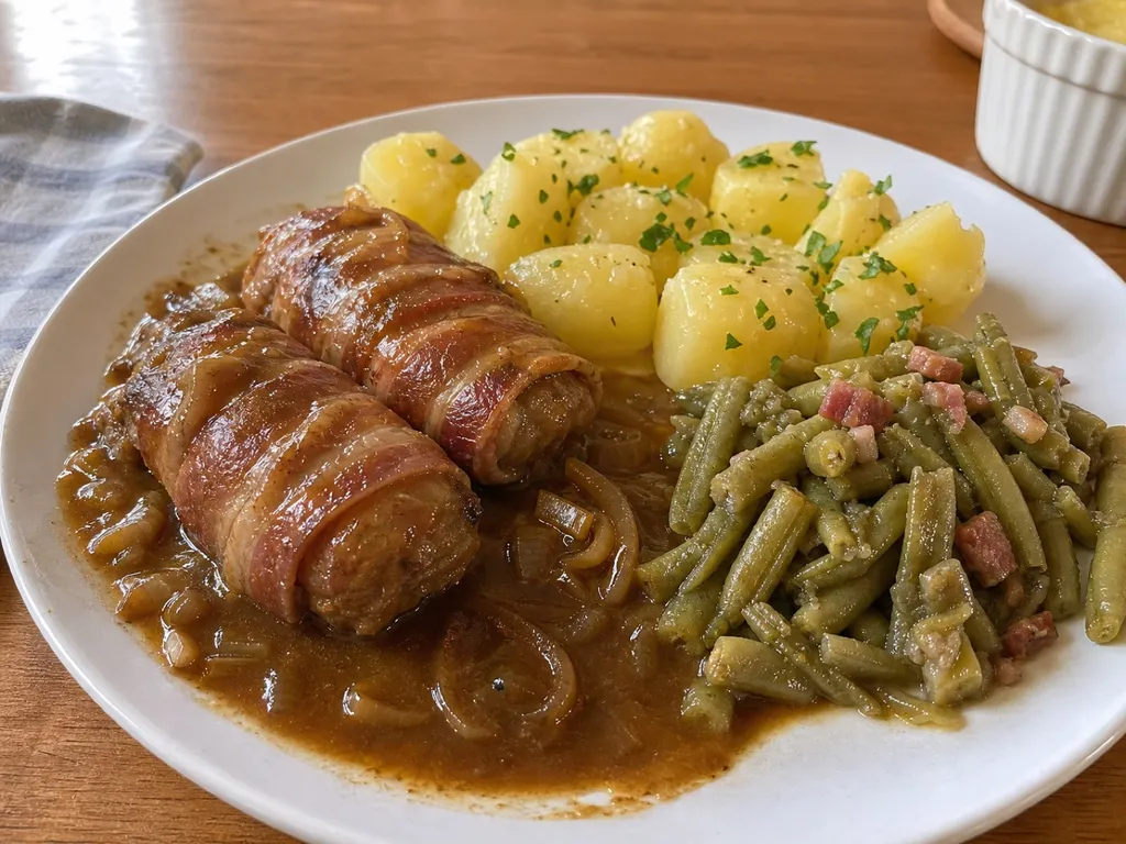Slavinken (Dutch Bacon-Wrapped Meat Rolls) — plated and served