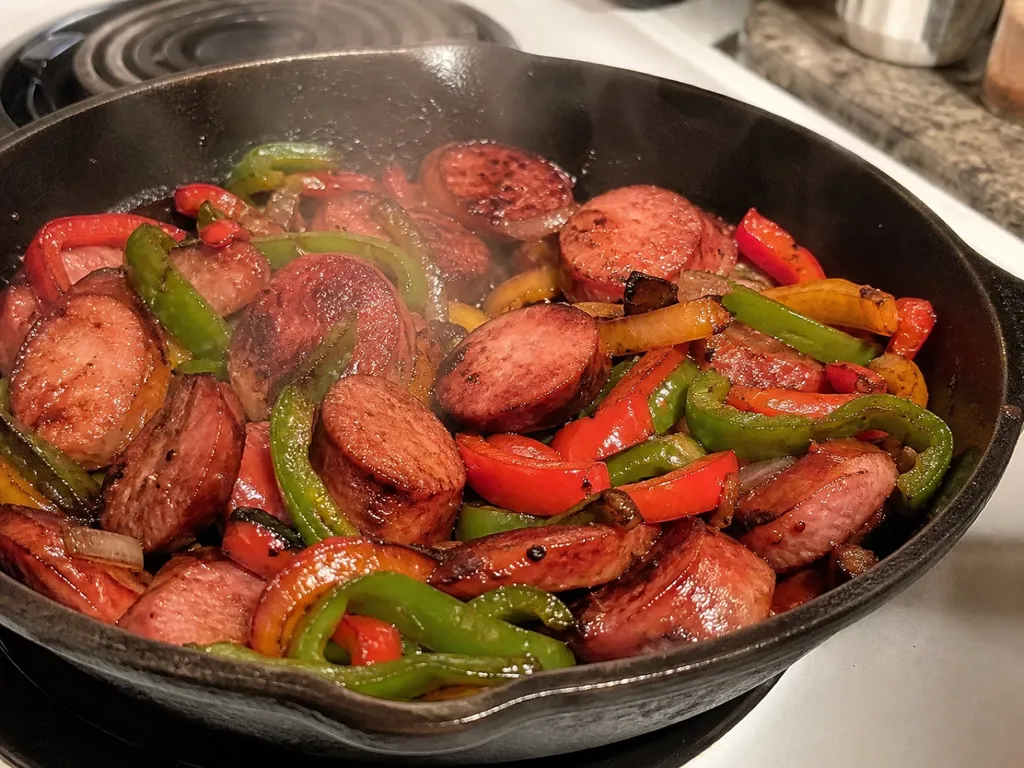 Smoked Sausage with Peppers — plated and served