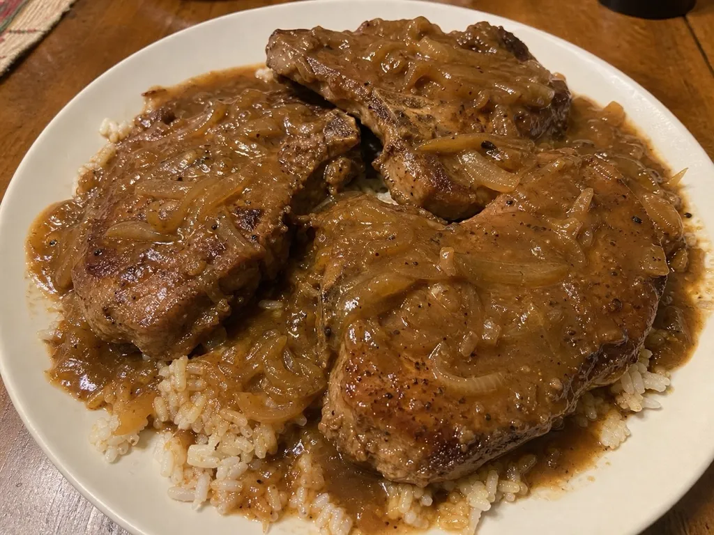 Smothered Pork Chops — plated and served