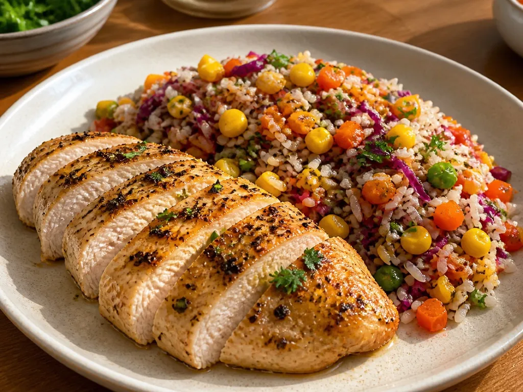 Solo Chicken Breast and Rainbow Rice — plated and served