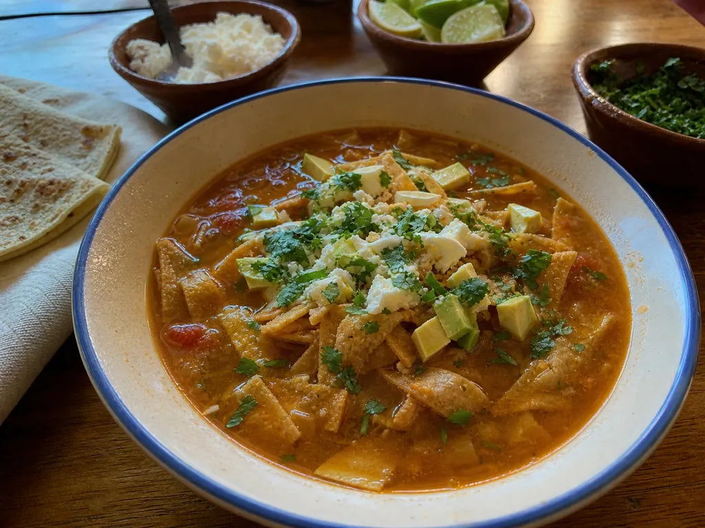 Sopa de Tortilla (Tortilla Soup) — plated and served