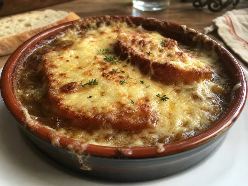Soupe à l'Oignon — plated and served