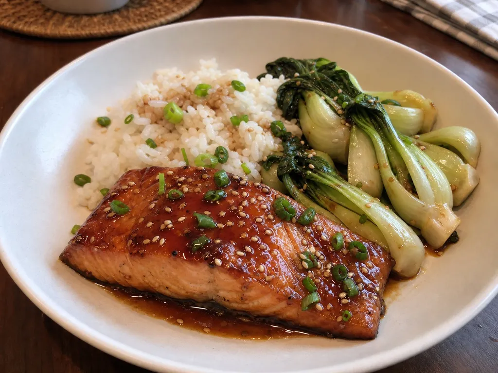 Soy-Ginger Glazed Salmon with Baby Bok Choy — plated and served