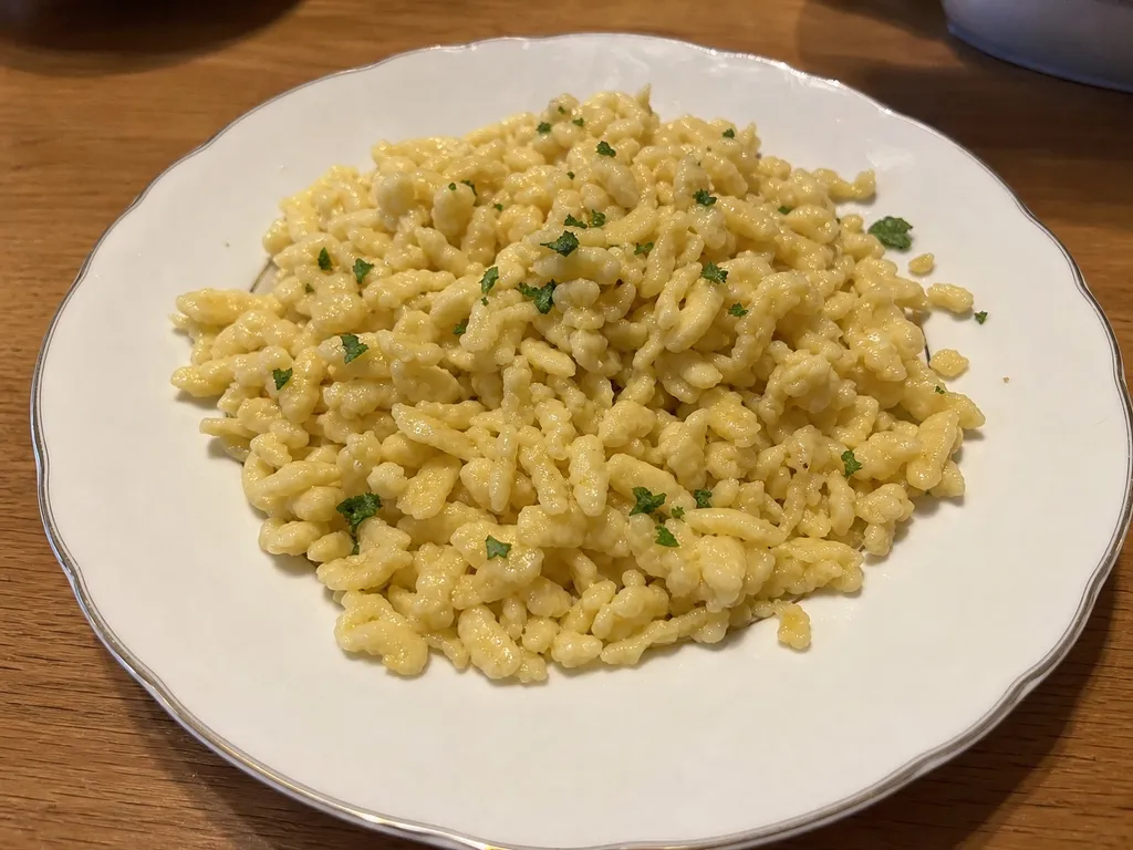 Spätzle (German Egg Noodles) — plated and served