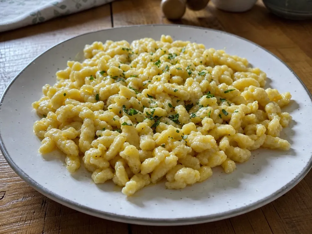 Spaetzle (Basic German Dumplings) — plated and served