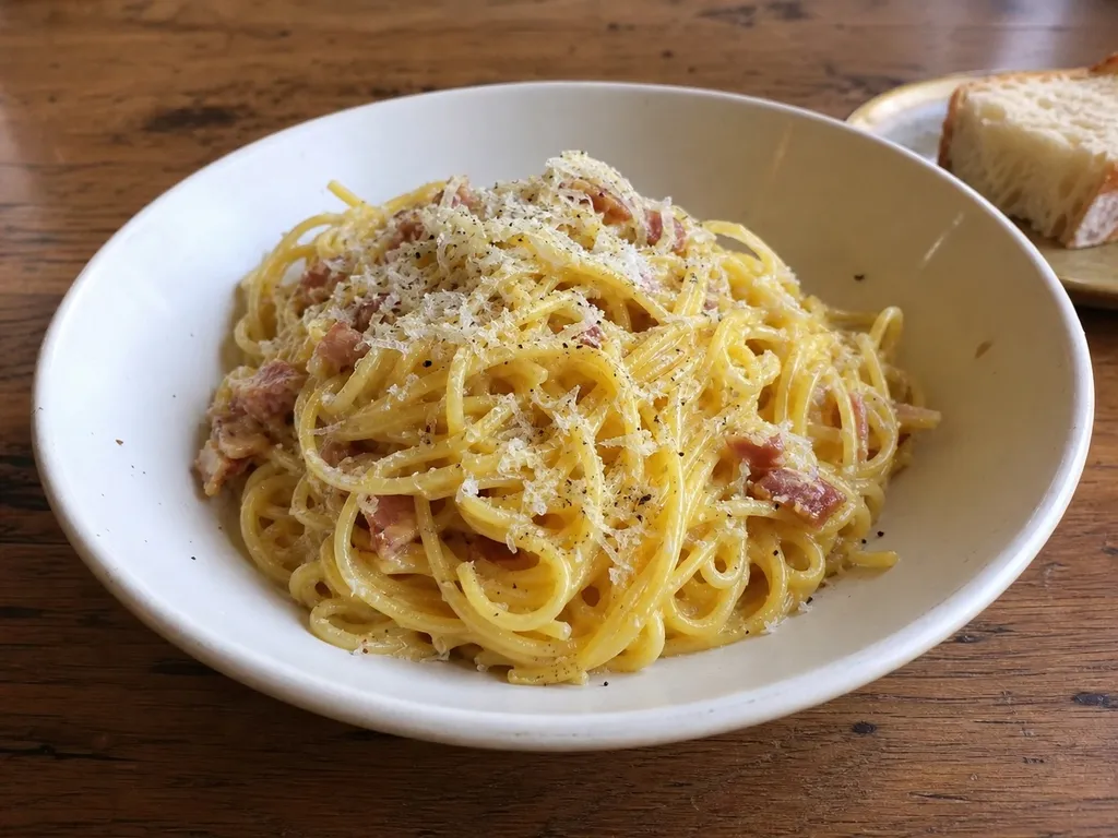 Spaghetti Carbonara — plated and served