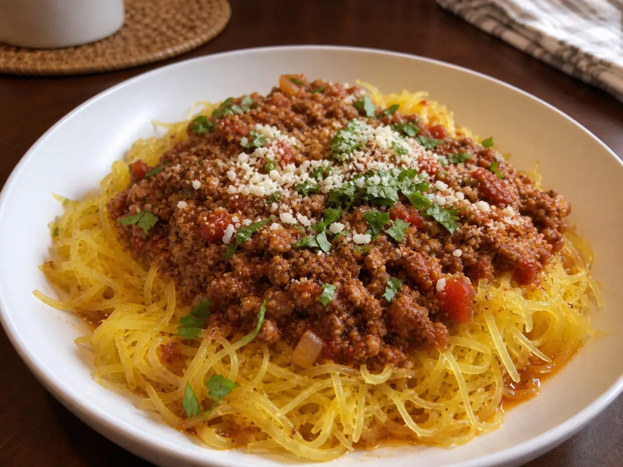 Spaghetti Squash Bolognese — served
