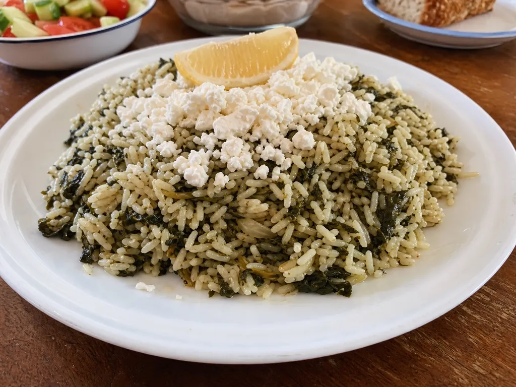 Spanakorizo (Spinach and Rice) — plated and served