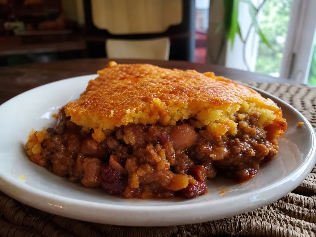 Spoon Bread Chili Pie — plated and served