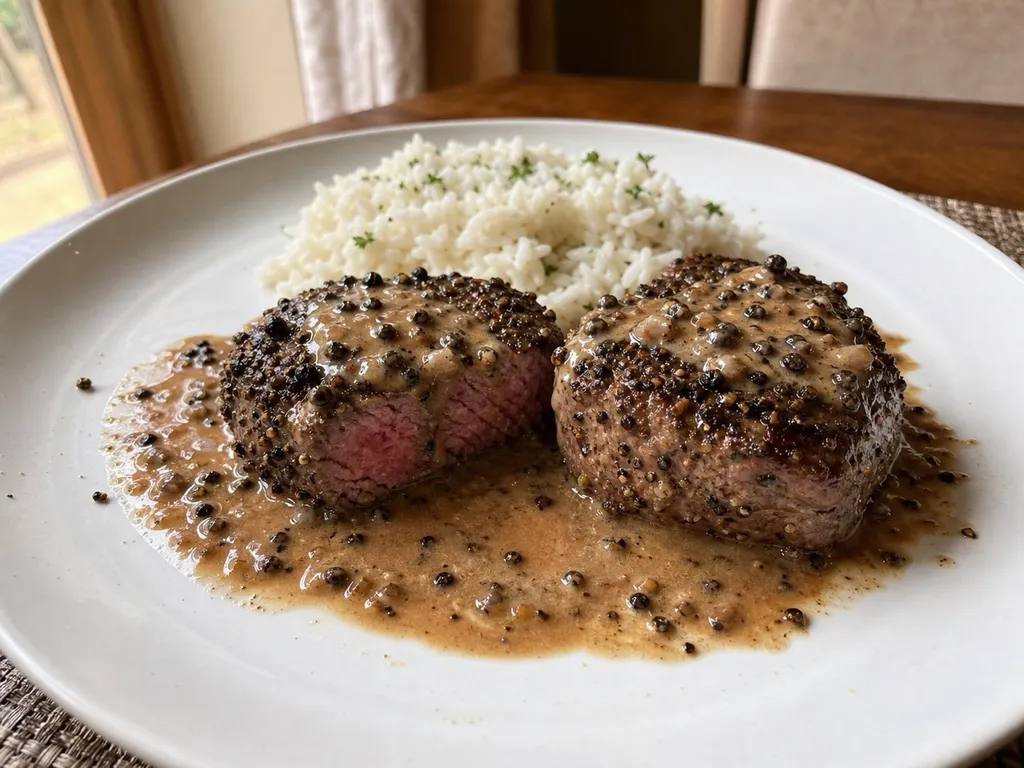 Steak au Poivre — plated and served