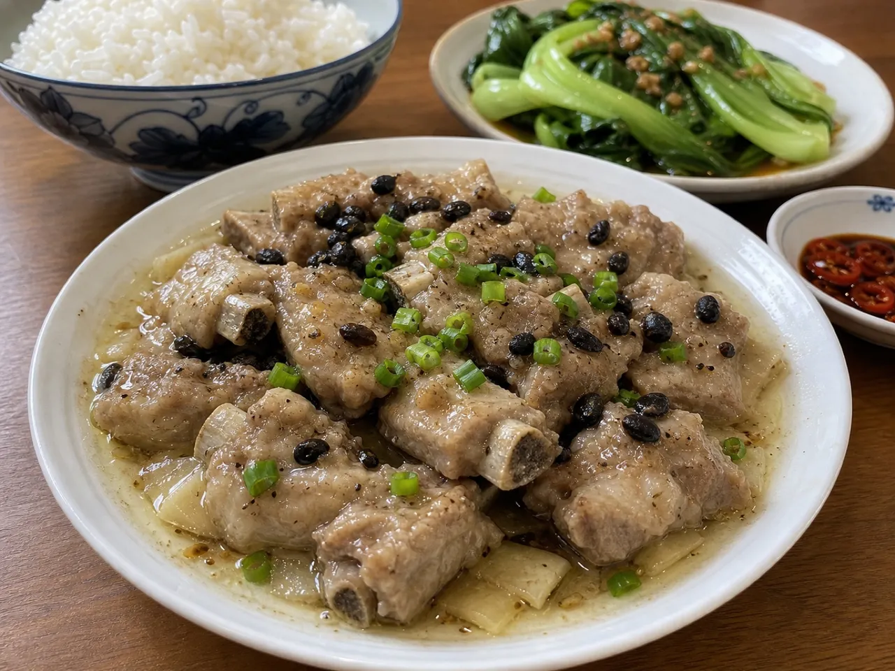 Steamed Pork Ribs with Black Bean Sauce — served