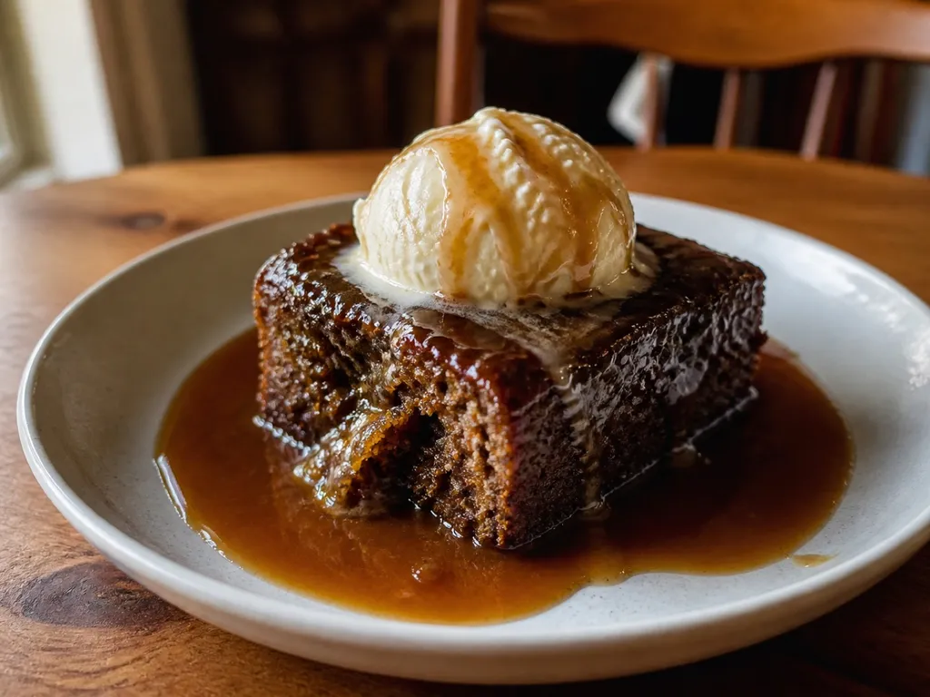 Sticky Toffee Pudding — plated and served