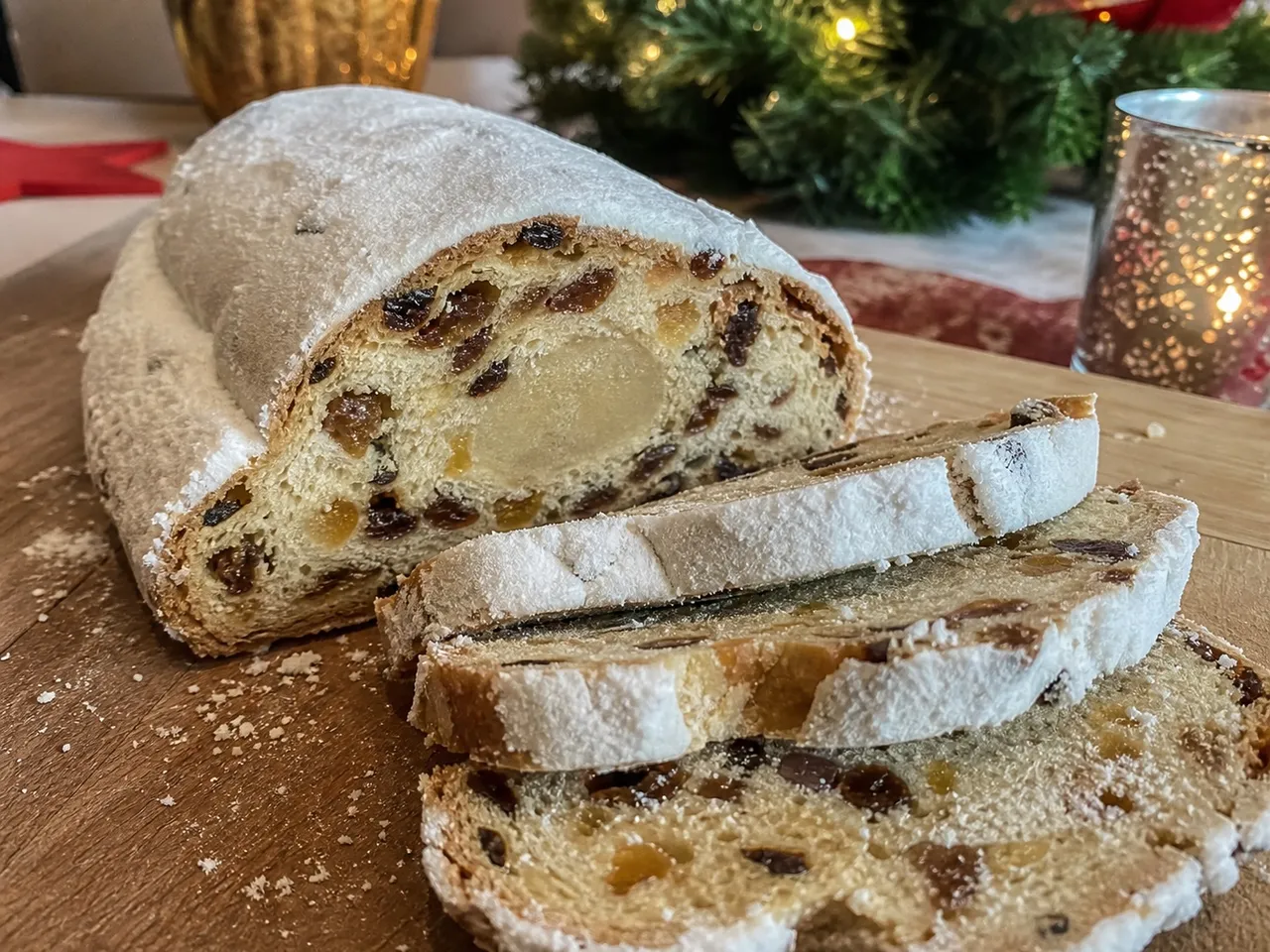 Stollen (German Christmas Fruit Bread) — served