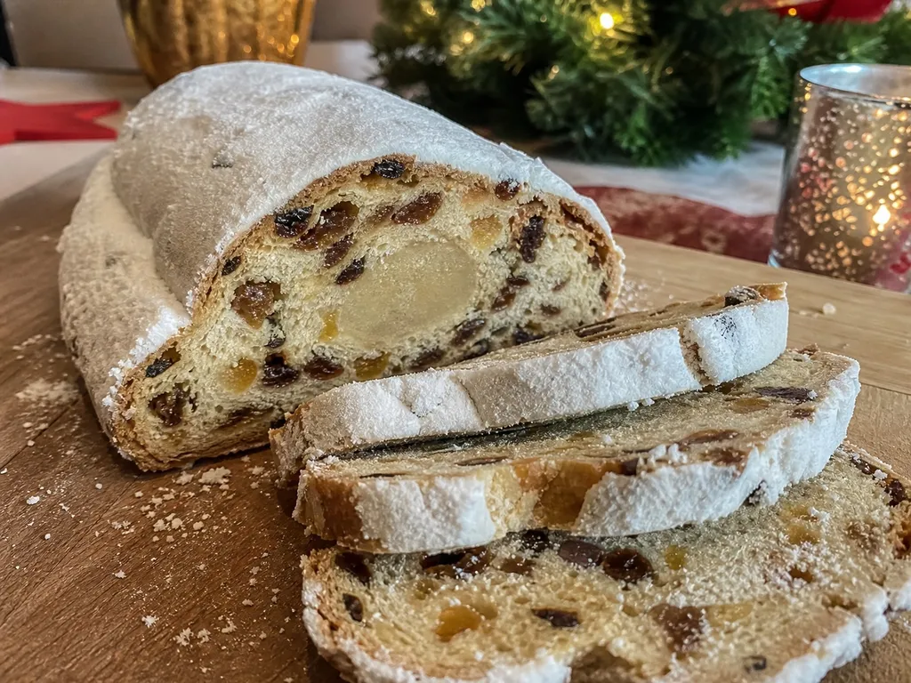 Stollen (German Christmas Fruit Bread) — plated and served