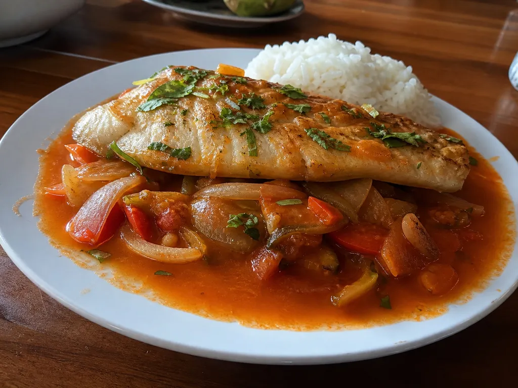 Sudado de Pescado (Peruvian Fish Simmered in Tomato Broth) — plated and served