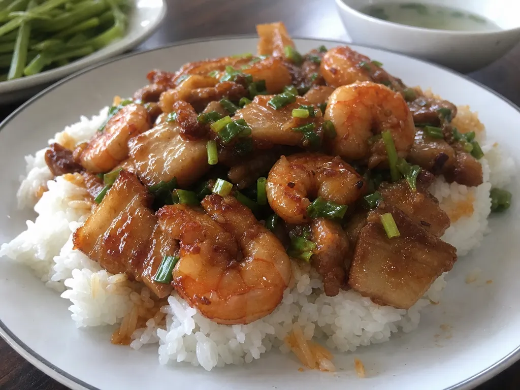 Tôm Rang Thịt Ba Chỉ (Shrimp and Pork Belly Stir-fry) — plated and served