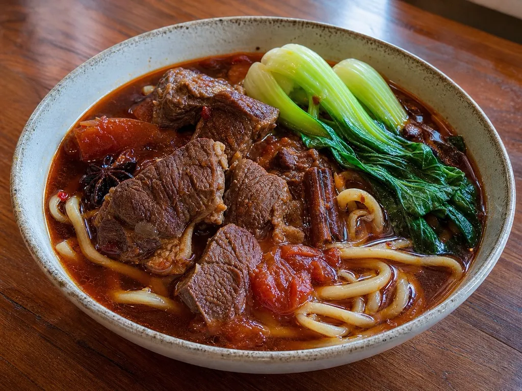 Taiwanese Beef Noodle Soup — plated and served